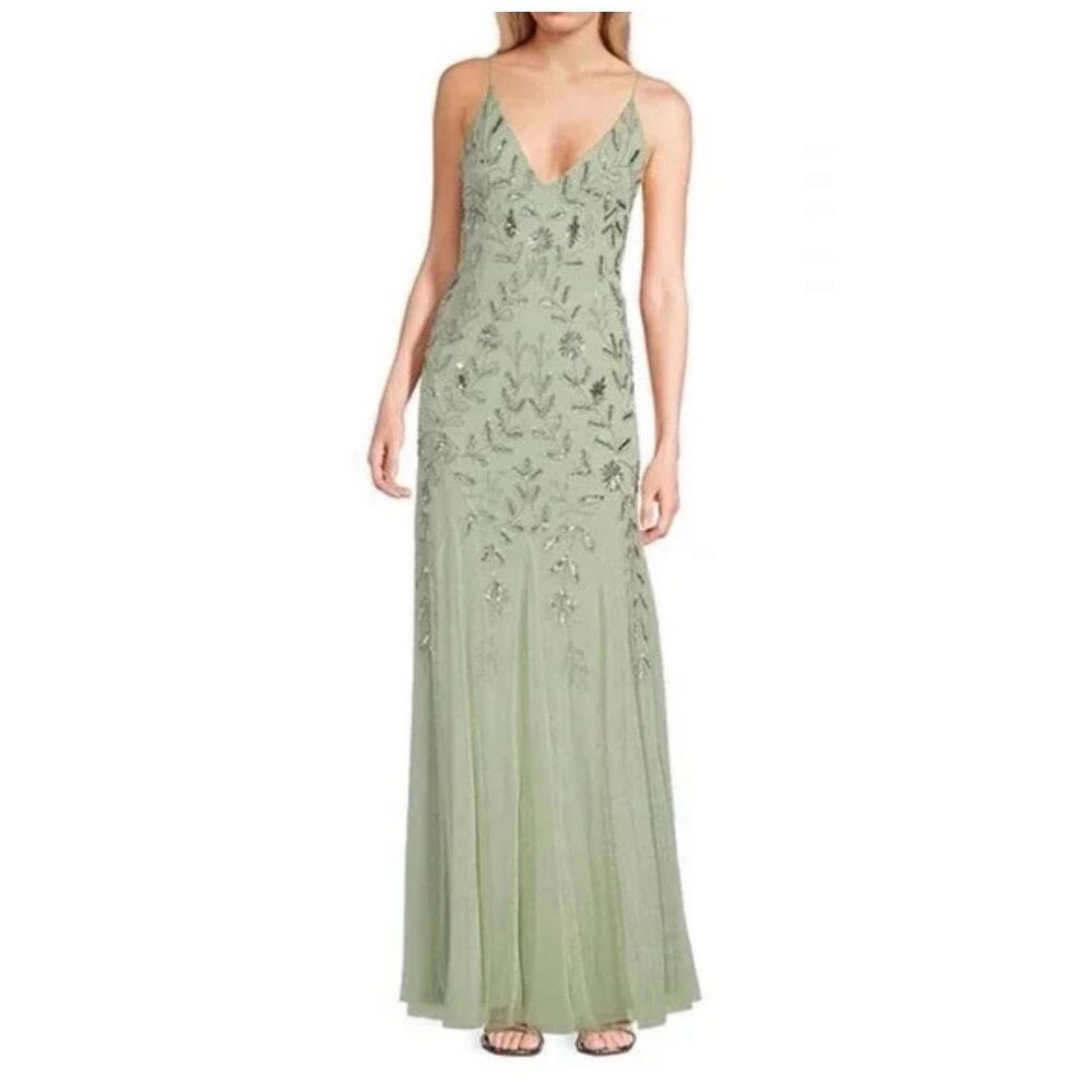 Jump V-Neck Sleeveless Beaded Long Dress Sage Size 9/10
